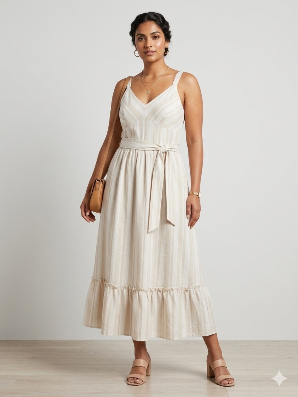 Taylor Neutral Stripe Linen Blend Tie Waist Maxi Dress Cottagecore Coastal Sz 16